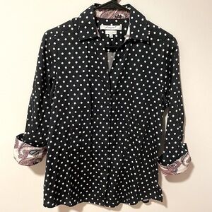 Foxcraft Navy and Paisley Polka Dot Button Down Top Women's Small